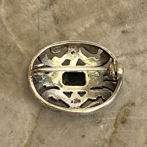 Sterling Silver 925 Dainty 0.89" Oval Black Onyx & Marcasite Brooch - Picture 5 of 16